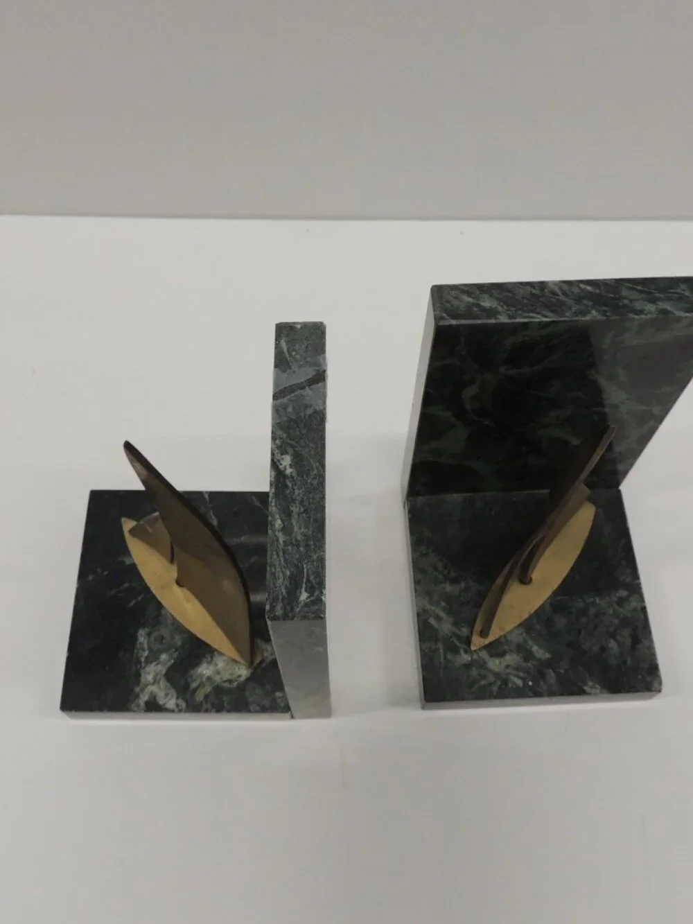 MCM Vintage Brass Sailing Boats and Green Marble Bookends